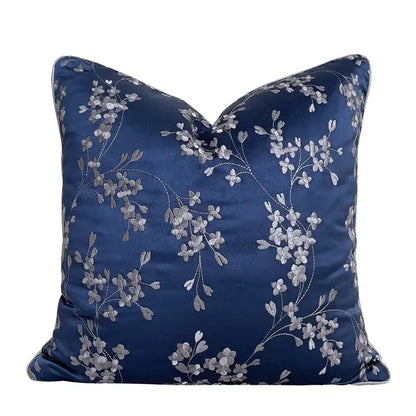 Deep blue satin cushion cover with delicate silver floral embroidery decorbites chinoiserie blue peony design