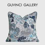 Square decorative cushion cover with intricate teal navy chinoiserie blue peony floral jacquard pattern by decorbites