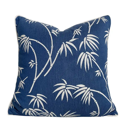 DecorBites Chinoiserie blue peony cushion cover with white bamboo leaf pattern in jacquard fabric for sofa decor