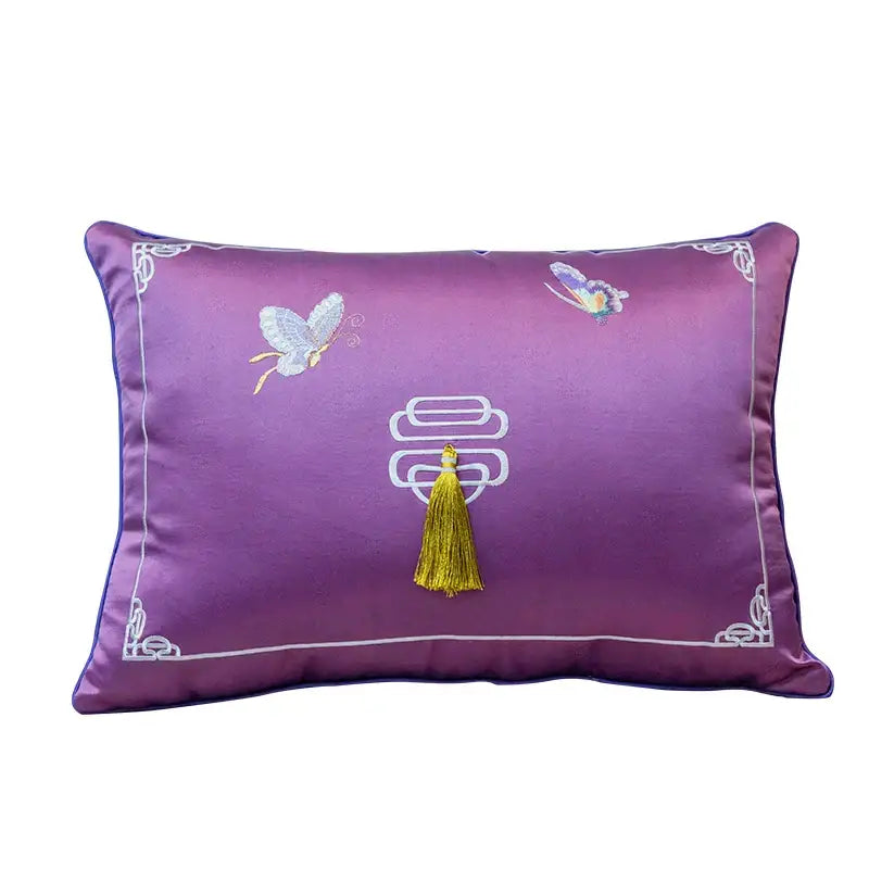 Purple satin cushion cover with decorbites chinoiserie butterfly embroidered design, white border, and golden tassel for mahogany sofa