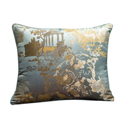 Elegant decorbites chinoiserie butterfly embroidered cushion cover with golden damask scenes on deep teal satin for mahogany sofa