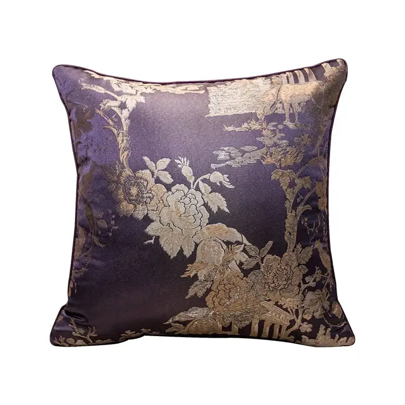 Purple satin cushion cover with intricate gold and cream floral embroidery from DecorBites chinoiserie butterfly collection