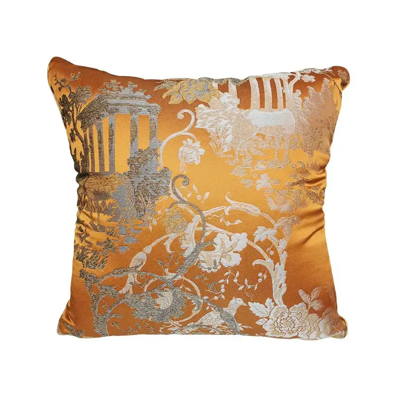 Golden satin cushion cover with intricate silver and white chinoiserie butterfly embroidered scenes by DecorBites™