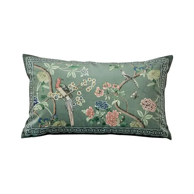 A decorbites chinoiserie courtyard rectangular lumbar pillow case with sage green fabric and embroidered bird and flowers print