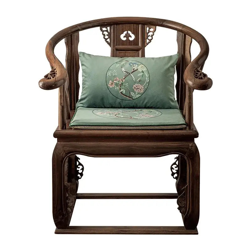 Dark wood chinese-style armchair with carved scrollwork and decorbites chinoiserie courtyard sage green flowers print lumbar pillow case