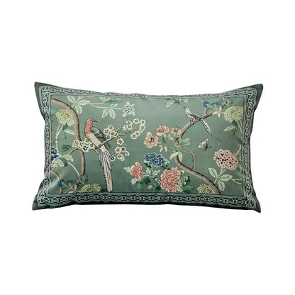 Rectangular sage green decorbites chinoiserie courtyard bird and flowers print lumbar pillow case with embroidered design