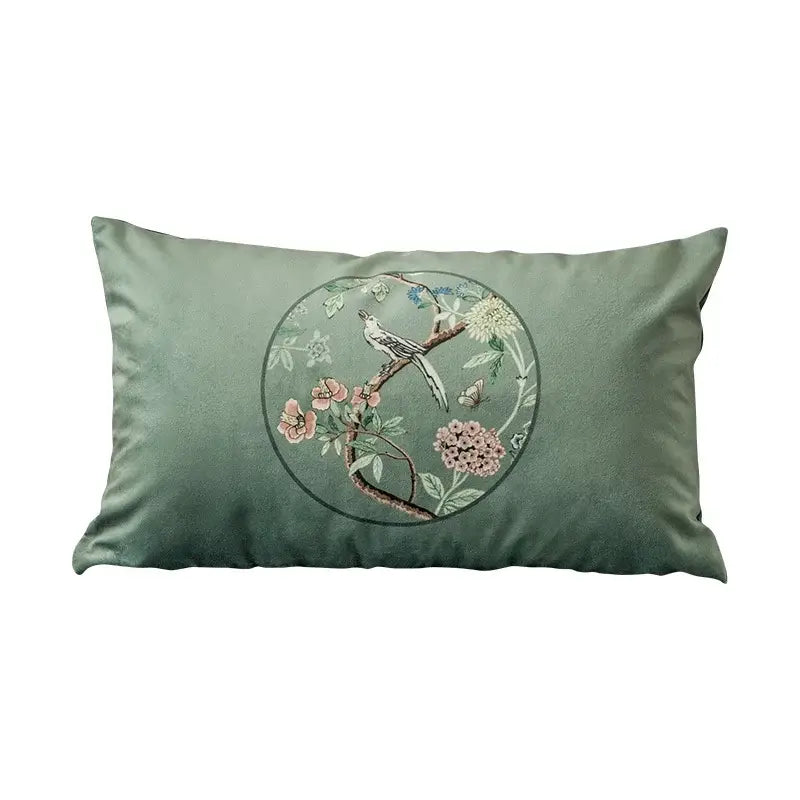 Rectangular sage green velvet decorbites chinoiserie courtyard bird flowers print lumbar pillow case with embroidered design