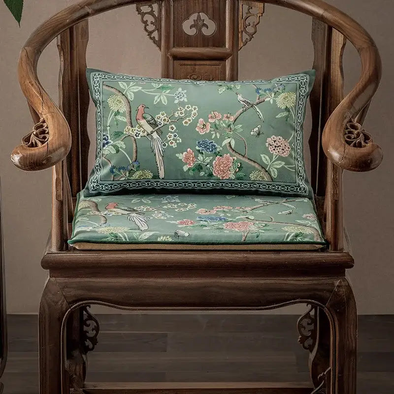 Teal silk decorbites chinoiserie courtyard bird and flowers print lumbar pillow case with embroidered birds and blossoms