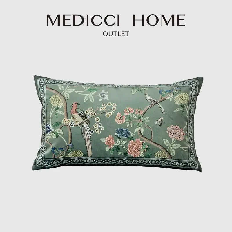 Decorbites chinoiserie courtyard sage green lumbar pillow case with embroidered bird and flowers print design