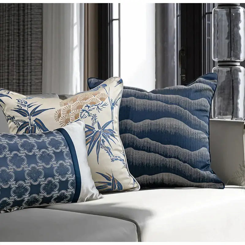 Blue and cream patterned pillow cover with intricate botanical designs decorbites chinoiserie decor throw 45x45cm