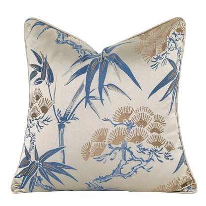 Cream-colored pillow cover with blue and gold bamboo and fan motif decorbites chinoiserie decor throw 45x45cm