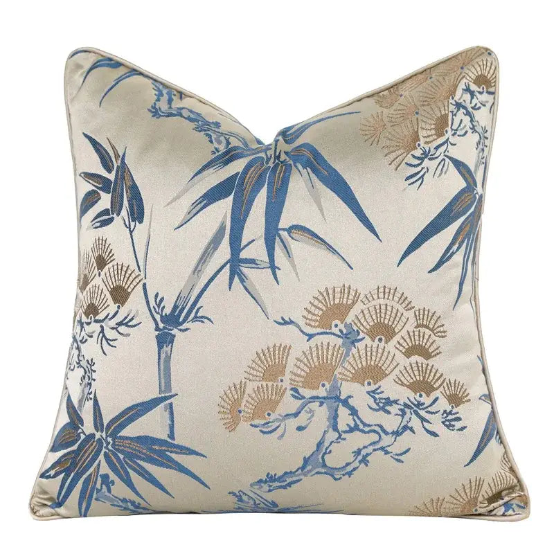 Cream-colored pillow cover with blue and gold bamboo and fan motif decorbites chinoiserie decor throw 45x45cm
