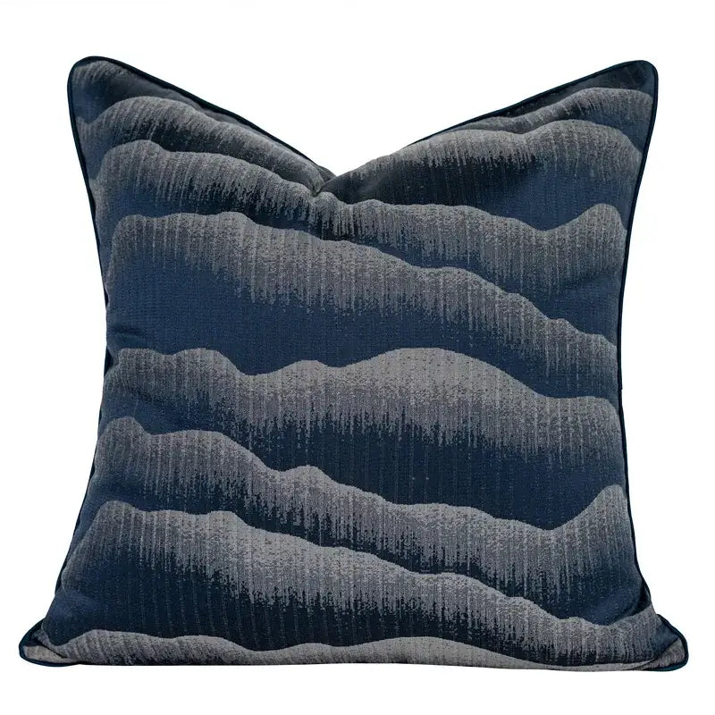 Square navy blue pillow cover with textured wavy gray patterns decorbites chinoiserie decor throw 45x45cm