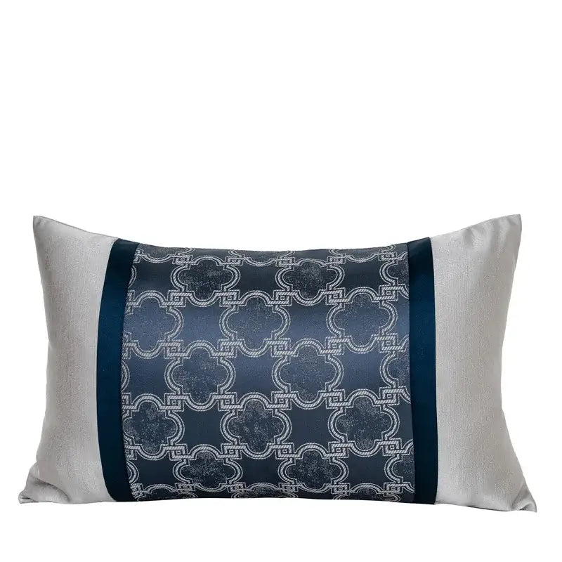 Rectangular pillow cover with navy blue chinoiserie decor throw featuring white quatrefoil pattern by decorbites chinoiserie decor