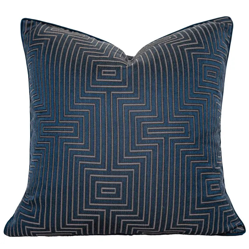 Deep blue velvet pillow cover with gray geometric maze pattern decorbites chinoiserie decor throw for living room