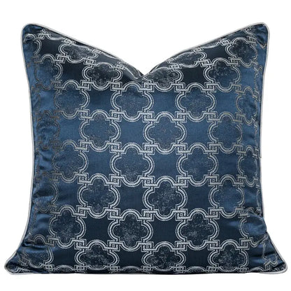 Deep navy velvet decorbites chinoiserie decor throw pillow cover with silver quatrefoil pattern and satin piping for living room