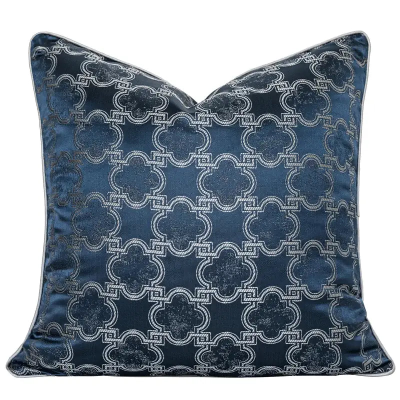 Deep navy velvet decorbites chinoiserie decor throw pillow cover with silver quatrefoil pattern and satin piping for living room