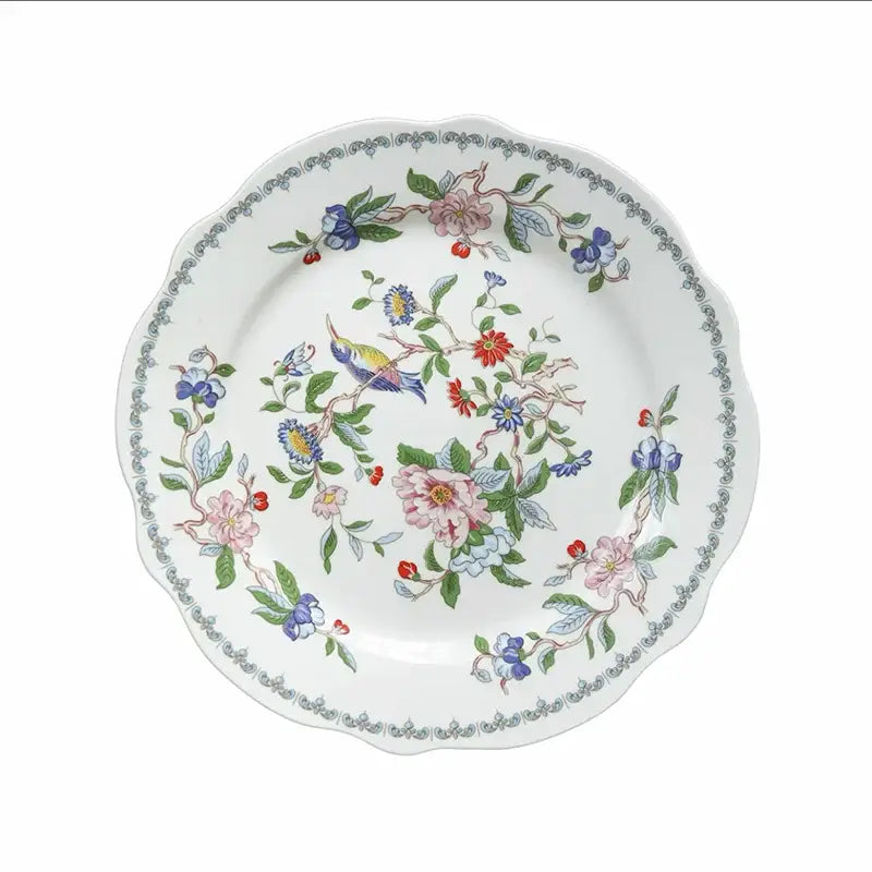 DecorBites chinoiserie floral birds dinner plate 8 inch white porcelain with vibrant pink blue red green motif