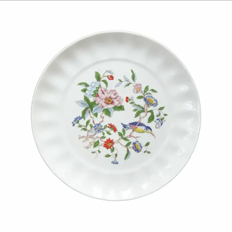 White ceramic decorbites chinoiserie floral birds dinner plate with hand-painted colorful floral birds design