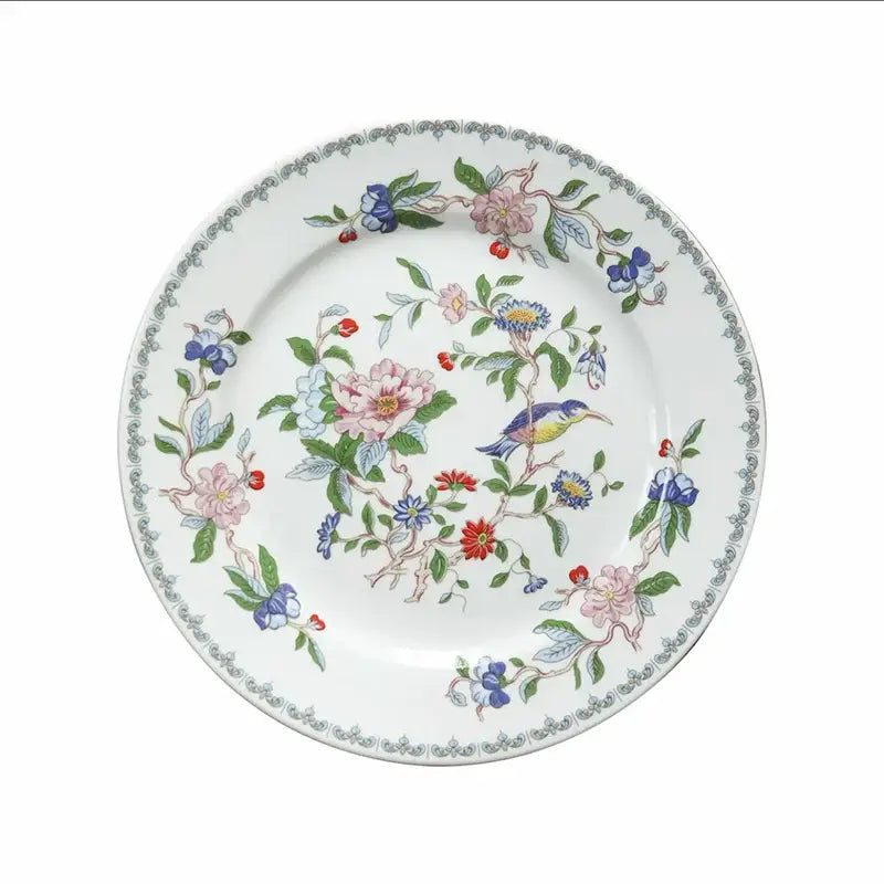 Decorbites chinoiserie floral birds dinner plate 8 inch white ceramic with vibrant pink blue red green floral motif