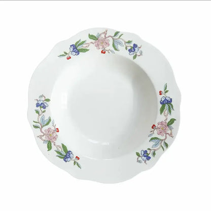 Decorbites chinoiserie floral birds dinner plate 8 inch white ceramic bowl with pink blue blossoms and red berries design