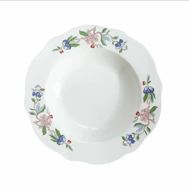 Decorbites chinoiserie floral birds dinner plate 8 inch white ceramic bowl with pink blue blossoms and red berries design