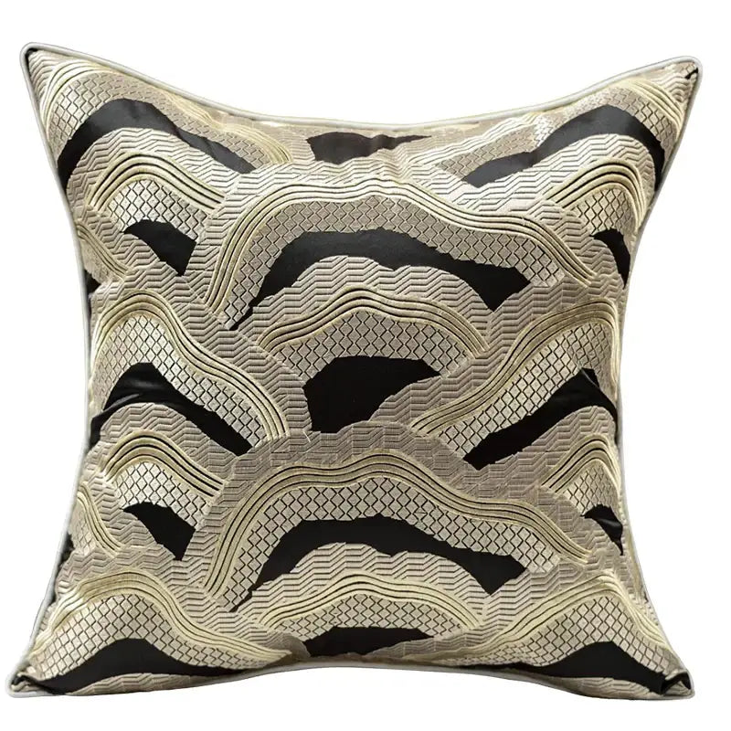 Square cushion cover with decorbites chinoiserie golden embroidered black and metallic gold wave pattern in woven design