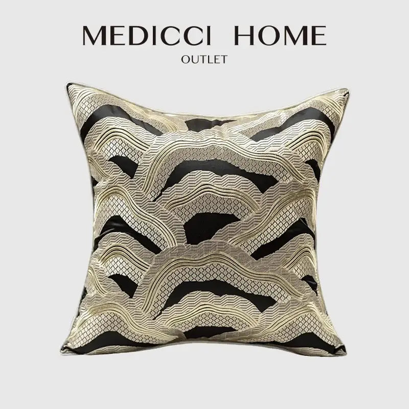 Medicci home outlet cushion cover with chinoiserie golden embroidered black and beige wave pattern luxury decorbites design