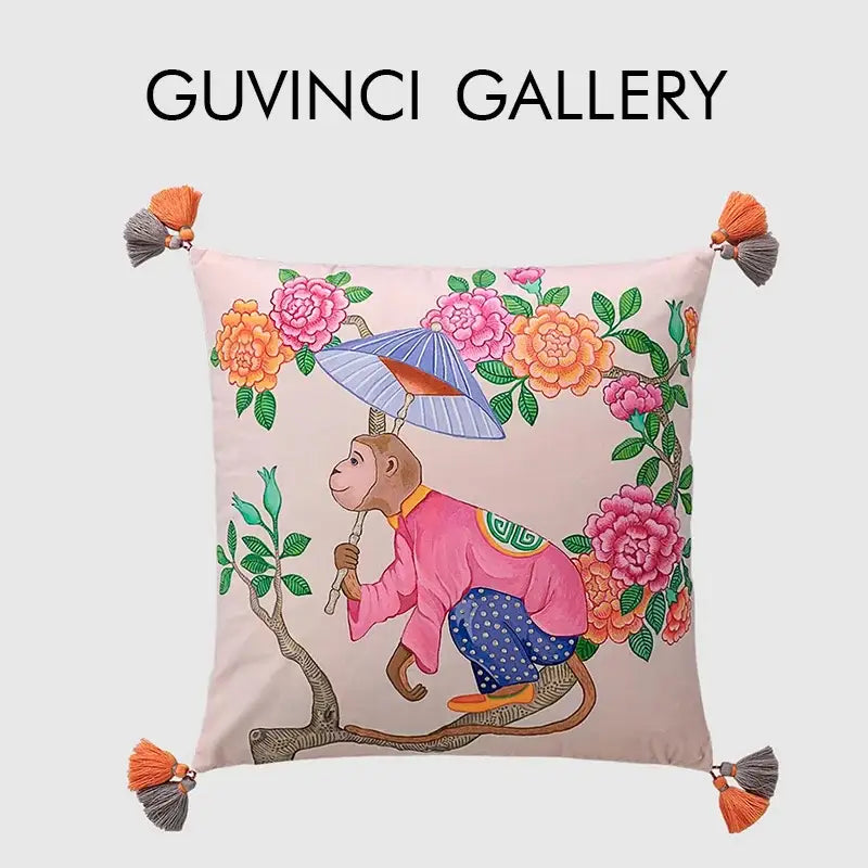 Pink decorbites chinoiserie monkey umbrella pillowcase with whimsical monkey holding umbrella peonies and roses design