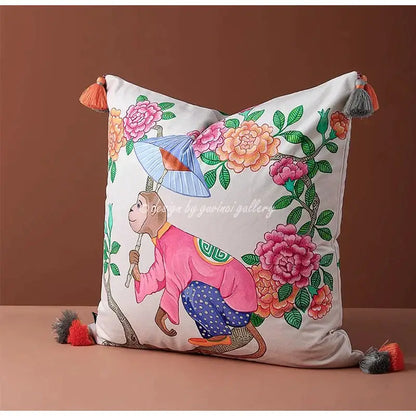Decorbites chinoiserie monkey decorative pillow with monkey umbrella peonies on cream fabric and colorful tassels