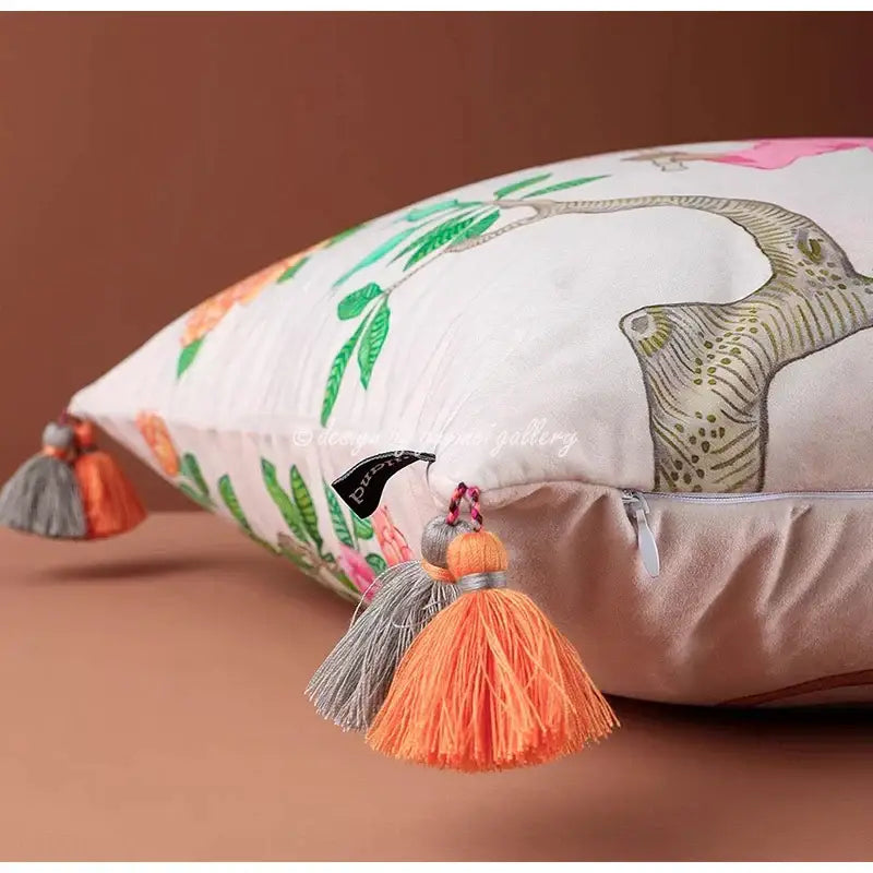 Decorbites chinoiserie monkey umbrella pillowcase with white base embroidered elephant floral pattern and colorful tassels