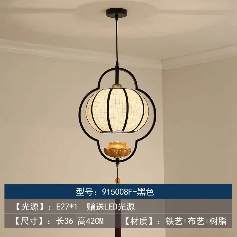 Black metal-framed DecorBites chinoiserie retro chandelier with cream woven shade and ornate golden lotus base for study