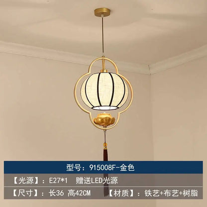 Decorbites chinoiserie retro chandelier gold-toned lantern pendant with white fabric shade and lotus flower motif