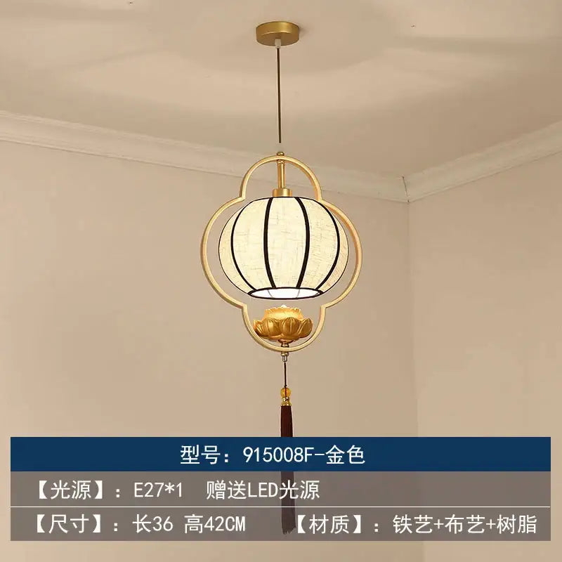 Decorbites chinoiserie retro chandelier gold-toned lantern pendant with white fabric shade and lotus flower motif
