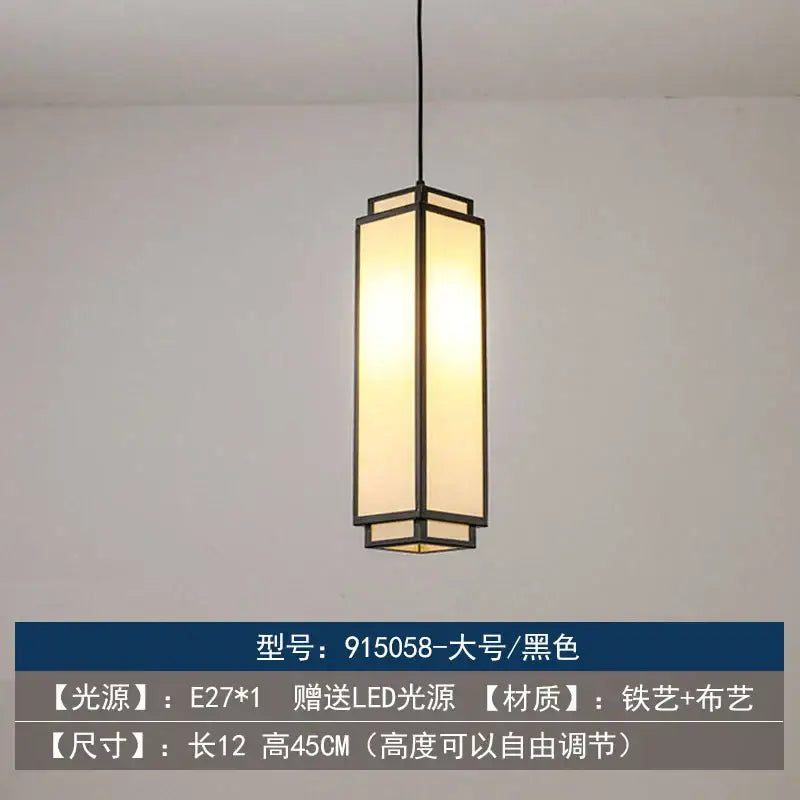 Decorbites chinoiserie retro rectangular pendant light with black frame and warm fabric shade for study and dining rooms