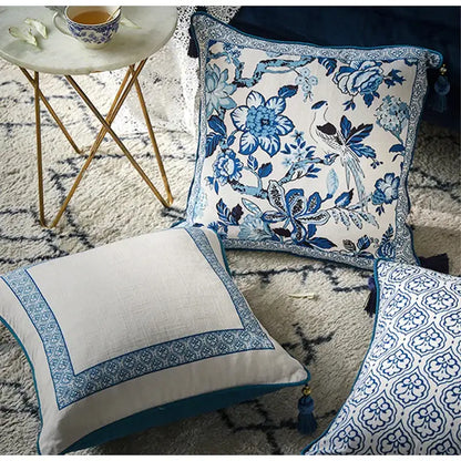 Decorbites chinoiserie style blue and white floral lumbar pillow case with decorative tassels and porcelain birds pattern