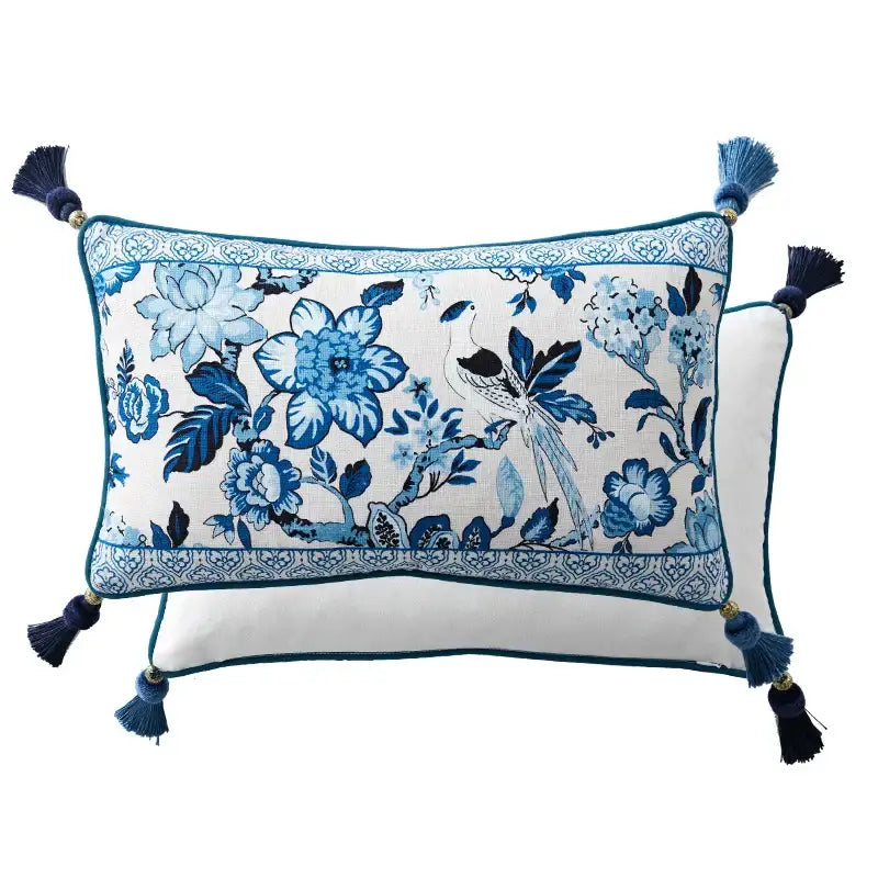 DecorBites™ chinoiserie style blue and white floral lumbar pillow case with tassels at each corner for decorative use