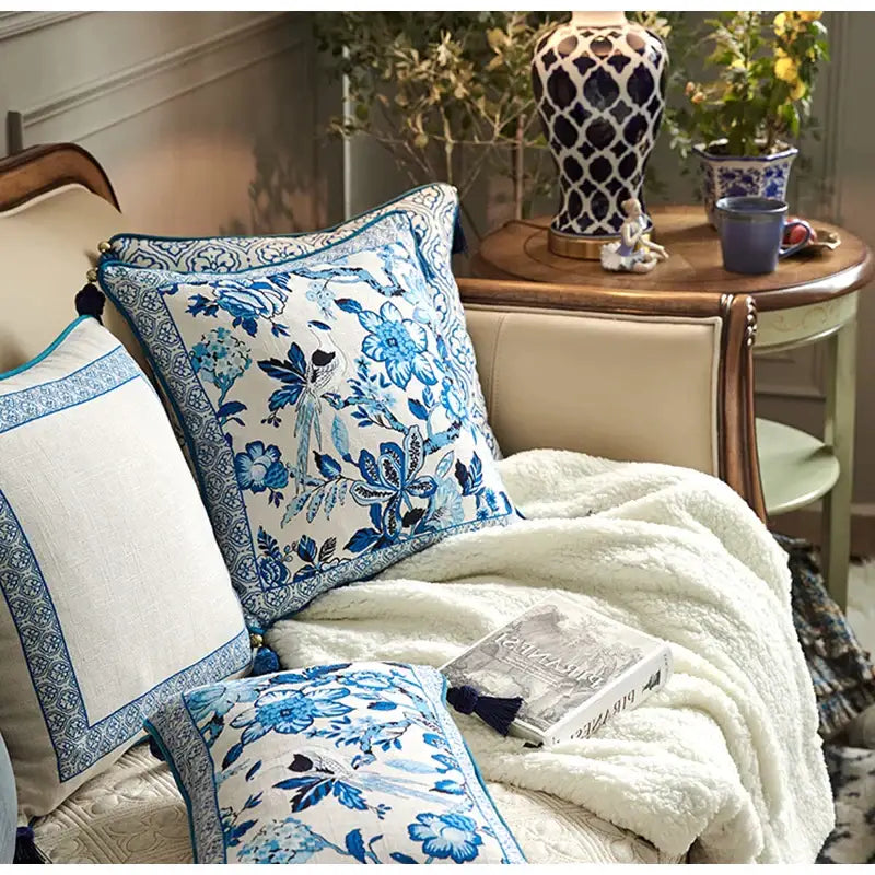 DecorBites™ chinoiserie style lumbar pillow case in blue and white floral pattern with embroidered details