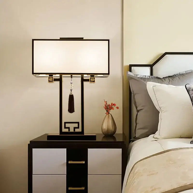 Black-framed rectangular floor lamp with white shade and tassel decorbites chinoiserie style floor lamp for living room