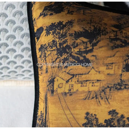 Golden DecorBites™ chinoiserie sunset glow accent cushion cover with black ink landscape design of traditional buildings