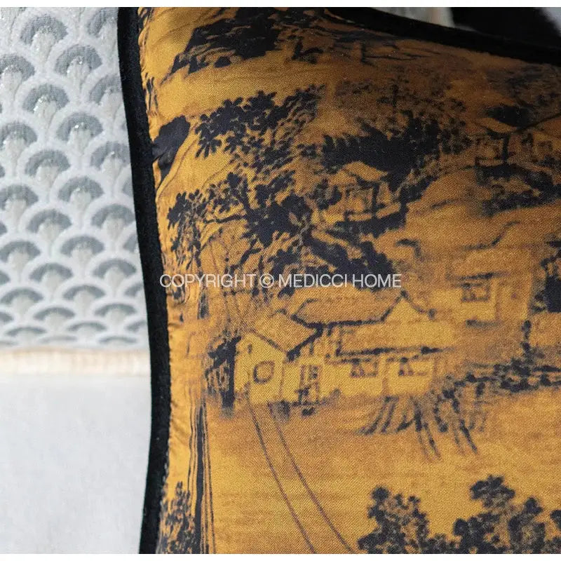 Golden DecorBites™ chinoiserie sunset glow accent cushion cover with black ink landscape design of traditional buildings