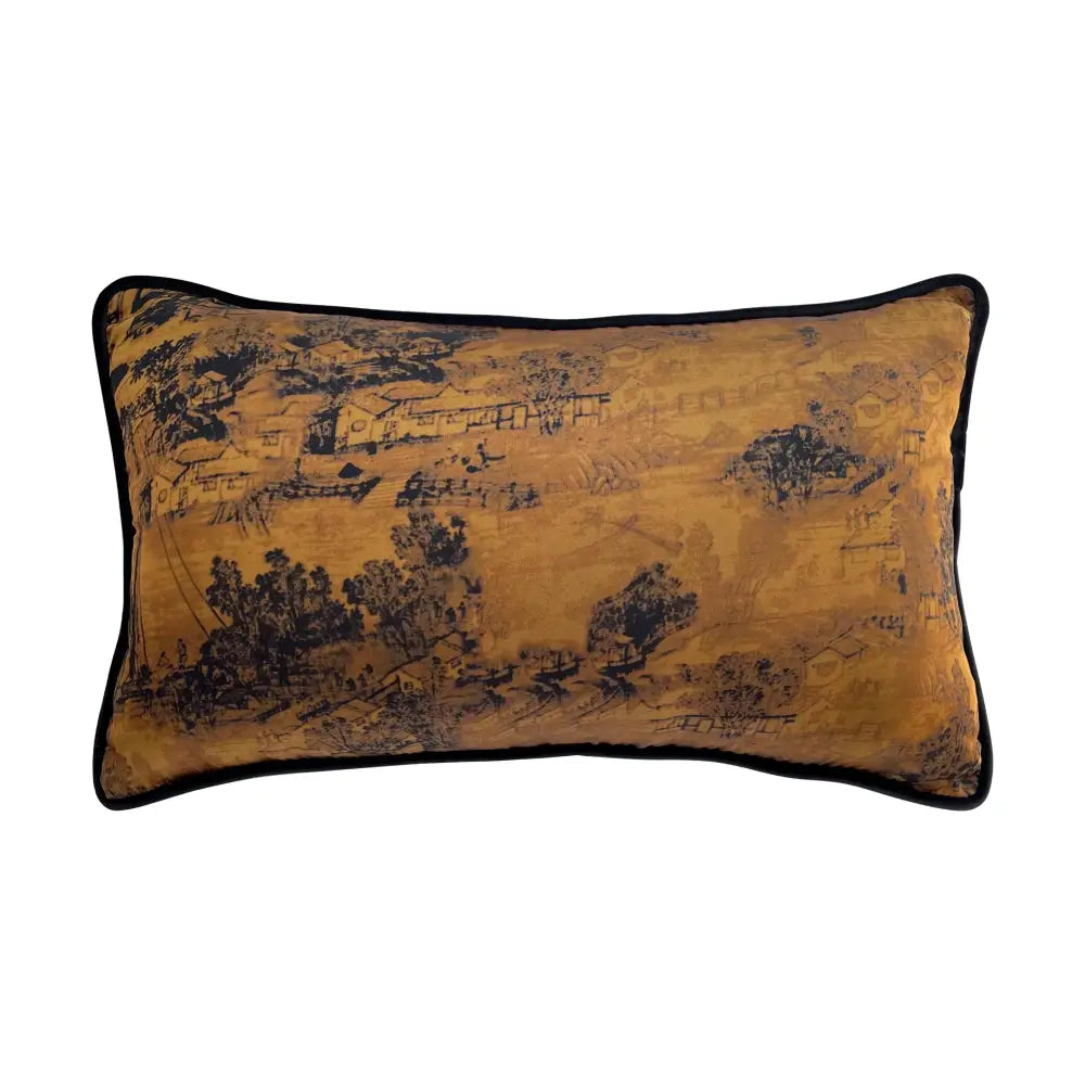 Rectangular golden-yellow fabric accent cushion cover with black ink-style landscape print and black trim by DecorBites