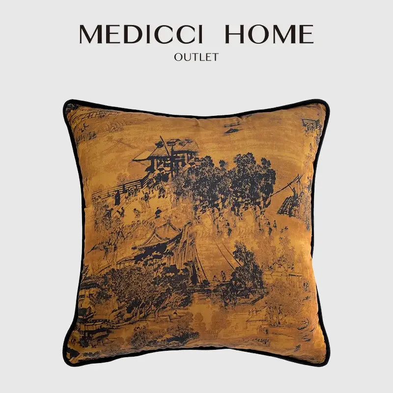 Decorbites chinoiserie sunset glow accent cushion cover with traditional ink-wash landscape on warm gold fabric