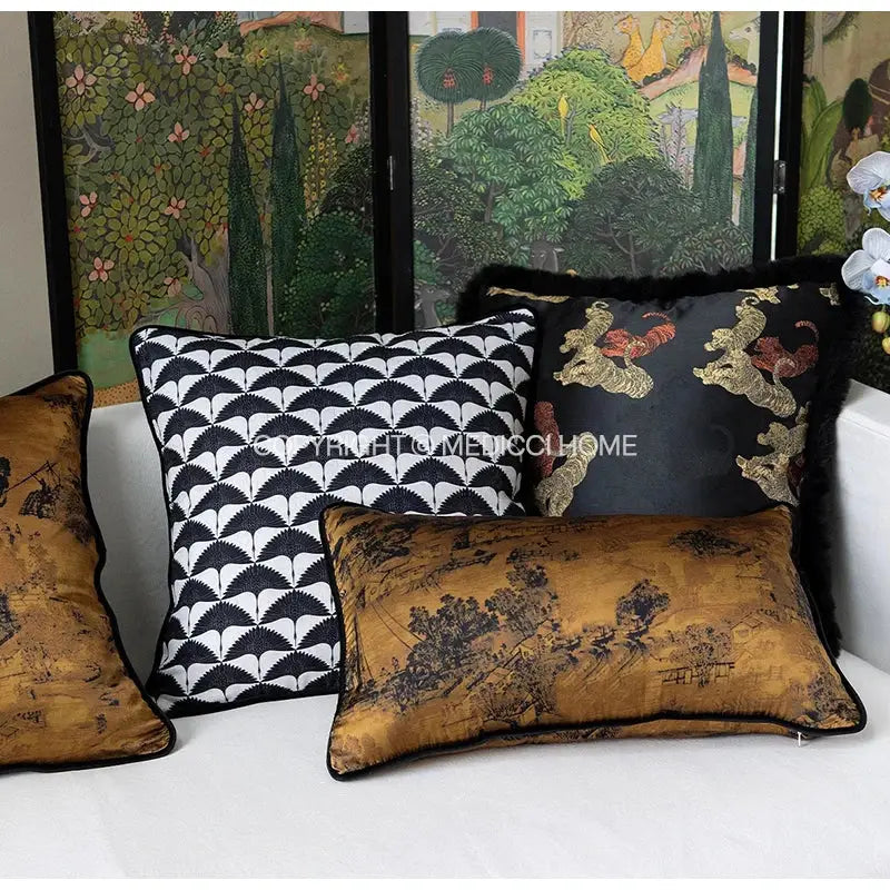 Decorbites™ chinoiserie sunset glow landscape black accent cushion cover with gold embroidered dragons and black fur trim