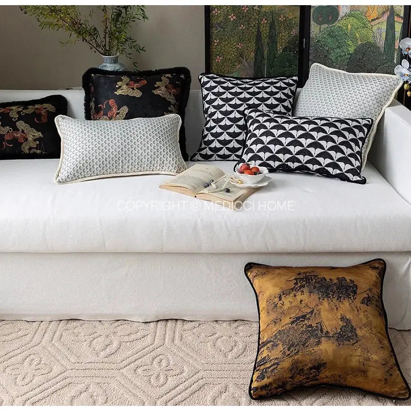 Gold-toned velvet accent cushion cover with black chinoiserie sunset glow landscape print for retro decor
