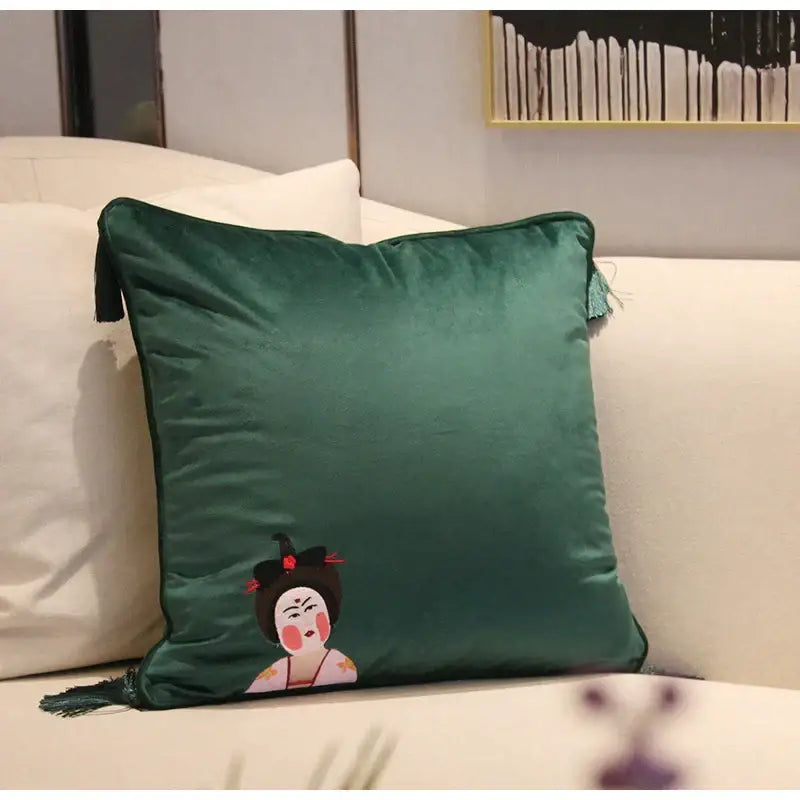 Deep emerald velvet cushion cover with embroidered tang dynasty geisha design and matching tassels by decorbites chinoiserie tang