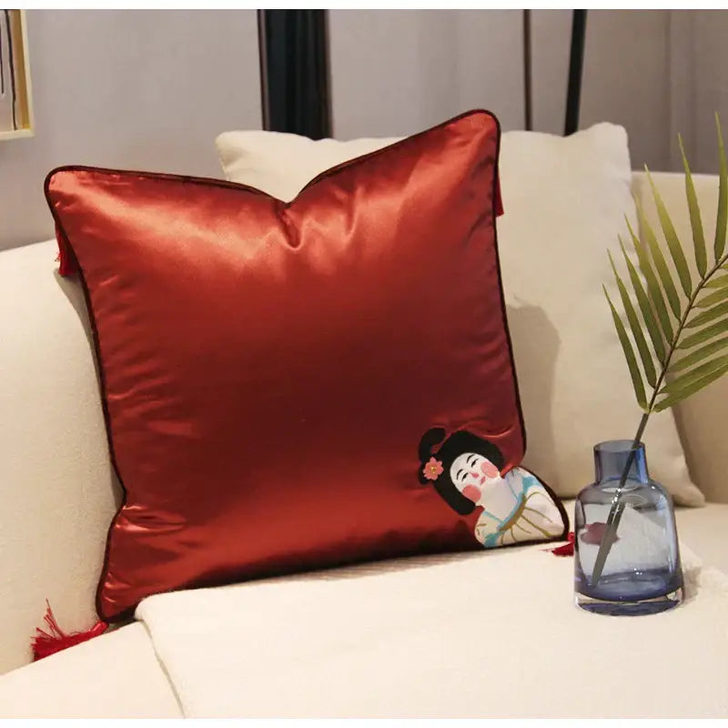 A rich crimson satin cushion cover with embroidered Tang Dynasty east asian woman by DecorBites Chinoiserie Tang