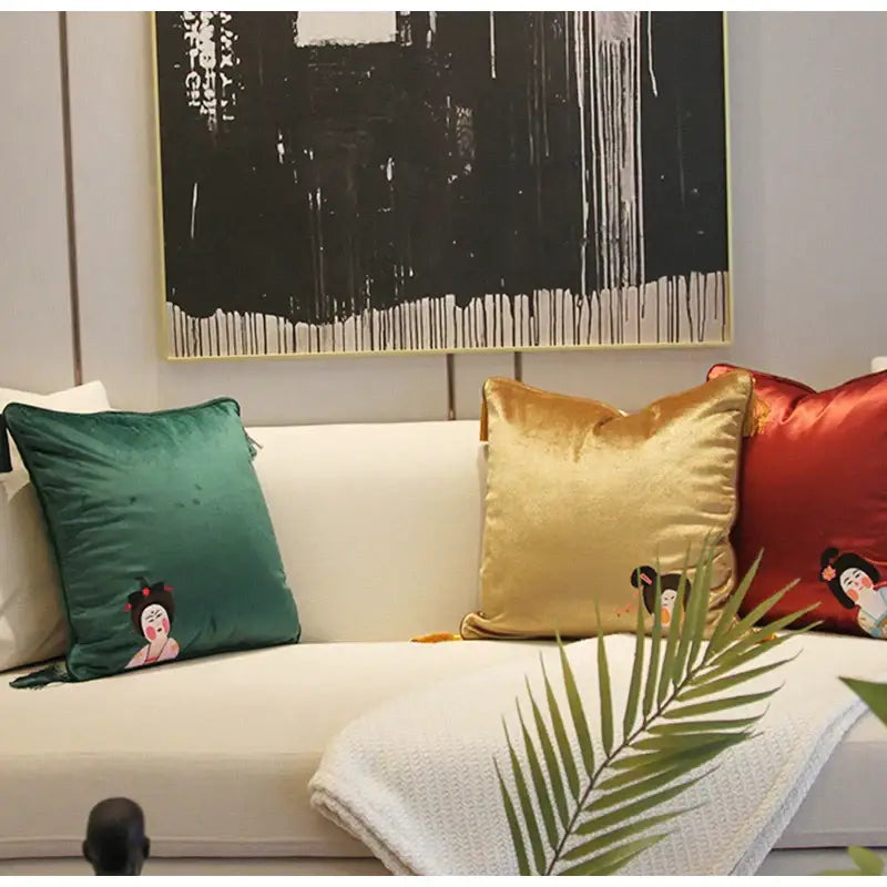 Emerald green velvet cushion cover with embroidered Tang Dynasty geisha design by DecorBites chinoiserie tang