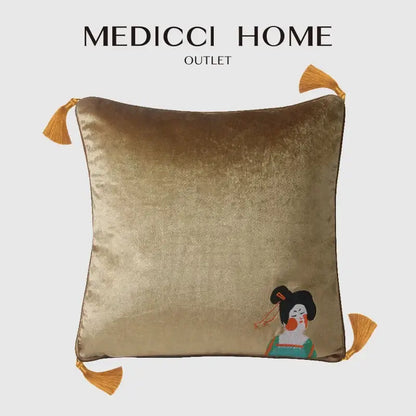 Gold velvet DecorBites™ Chinoiserie tang dynasty lady embroidered cushion cover with mustard tassels for sofa
