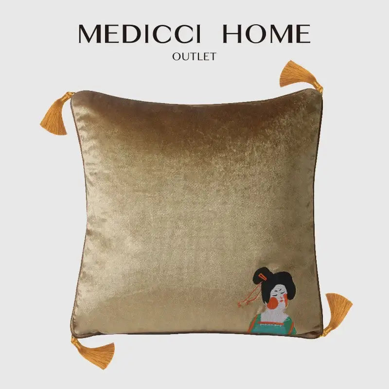 Gold velvet DecorBites™ Chinoiserie tang dynasty lady embroidered cushion cover with mustard tassels for sofa